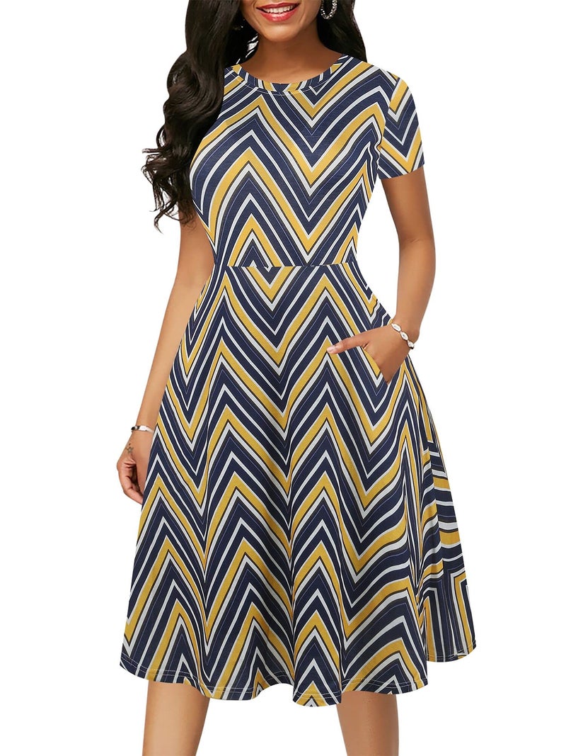 oxiuly Women's Classic Stripe Short Sleeve Casual Pockets Dress Tunic Party Cocktail Work Tea A-Line Dress OX262 (S, Blue Stripe) - Image 1